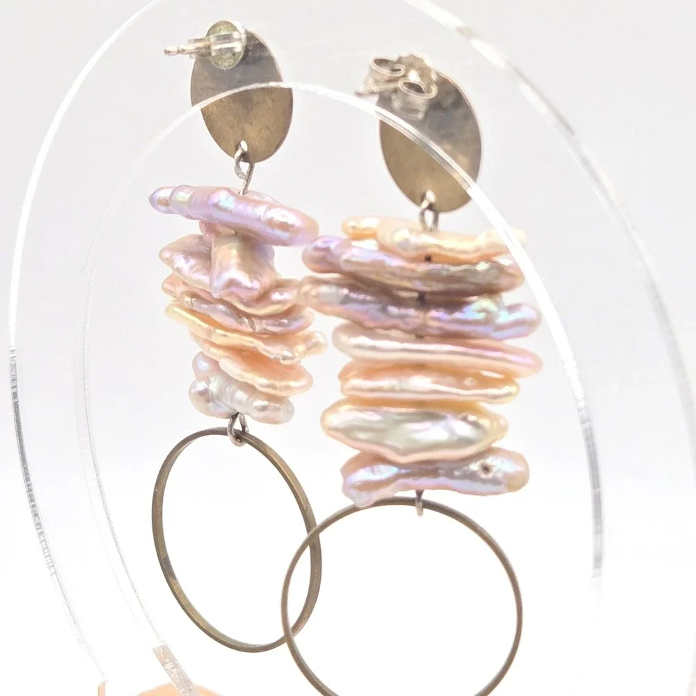 Biwa Freshwater‎ Stick Pearl Stacked Drop Earrings Brass Hoops Modern Artisan